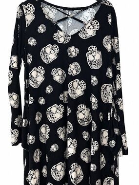 Zea Goo Black Skull Print Long Sleeve Swing Dress | Size L